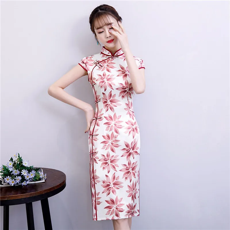 Красное китайское традиционное платье женское шелковое атласное Cheongsam винтажное Ципао летнее платье с коротким рукавом Вечерние Платья с цветочным принтом размера плюс