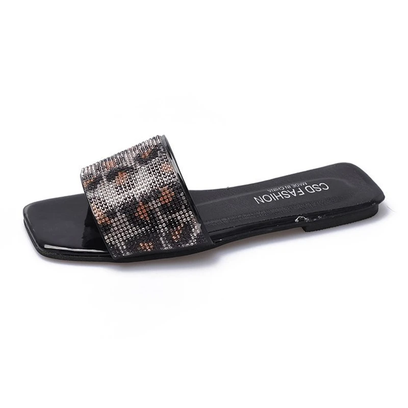 

2021 summer new low-heeled leopard-print rhinestone Women's slippers41-42