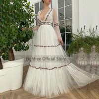 eightree vintage wedding dress 2021 long flare sleeve wedding gowns lace v neck backless boho bridal dresses 2021