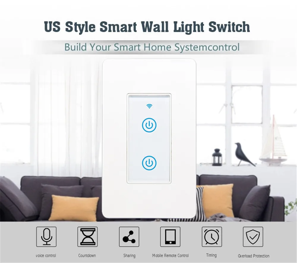 Умный сенсорный выключатель с таймером США Wi-Fi 1/2/3/4 клавиши 10 А 2 канала настенный