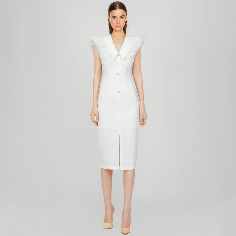

2021 New Summer White Sleeveless Dress Women Sexy V-Neck solid Lace Dress Pearl Button Bodycon Evening Party Dress Vestidos