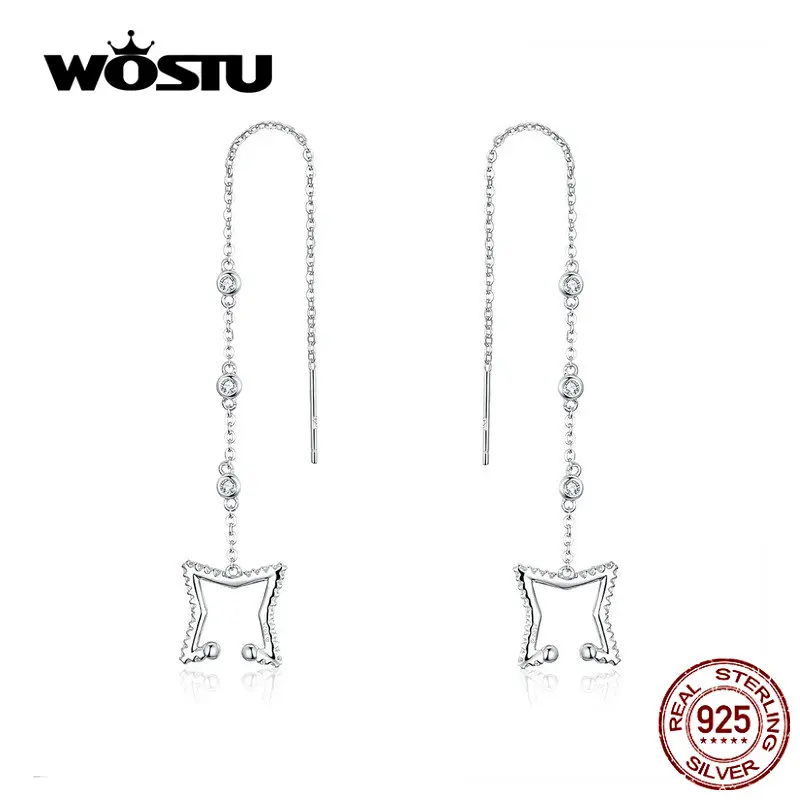 WOSTU настоящие 925 Висячие серьги из серебра 925 пробы простые четырехконечные серьги в форме звезды CZ для женщин Свадебные ювелирные изделия CTE154
