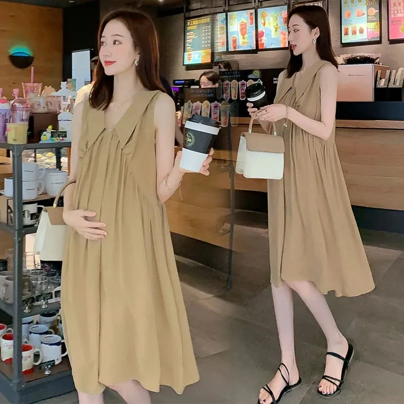 

Summer Polyester Maternity's Dresses 2021 Korean Version Fashion V-Neck Large Size Loose Sleeveless Solid Color Mid-Length Skirt