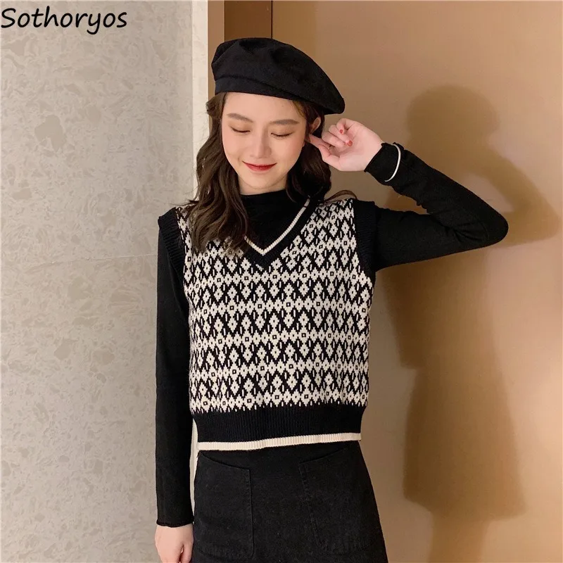 

Sweater Vest Women Vintage College Korean Style Sweet All-match Autumn Cloth Tank Top Fashion Leisure Printed Simple Hot Sale
