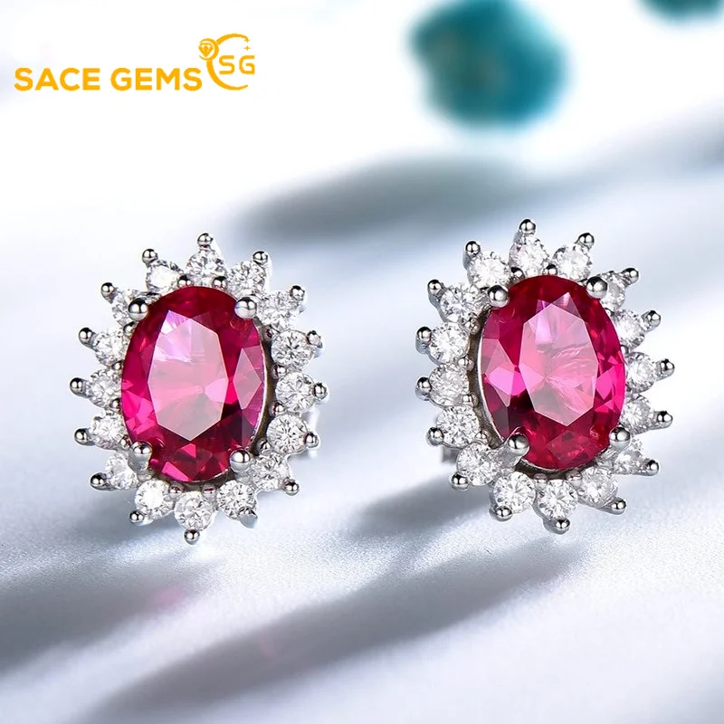 

SACE GEMS Fashion Pop 925 Sterling silver Red Crystal Emerald Gem Wedding Bridal Band Party Stud Earrings Fine jewelry