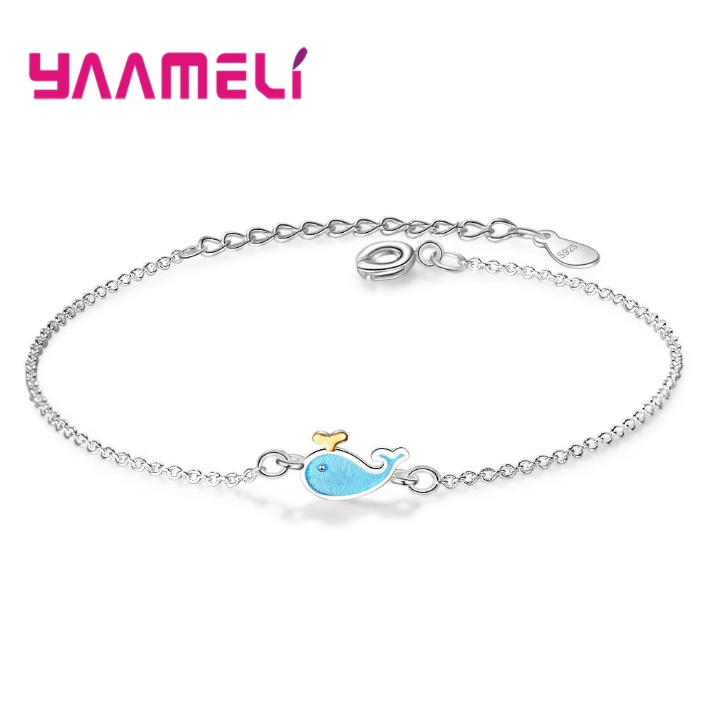 

Cute Blue Little Whale Bracelets Bangles for Women Girl Gifts Luxury 925 Sterling Silver Enamel Jewelry with Extension