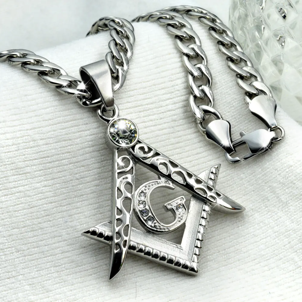 

Men White gold Tone stainless steel Freemasonry Masonic Mason Pendant Free chain necklace N242-361