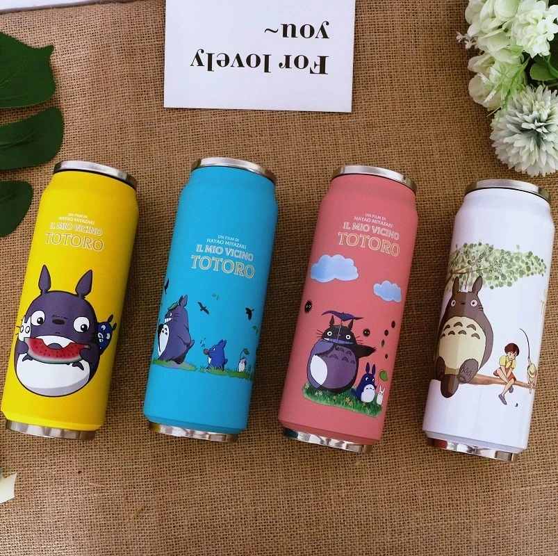 

500ml Pure Color Stainless Steel Totoro Thermos Cup With Creative Cover Children Juice Straw Cup