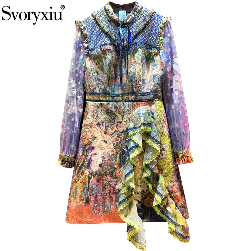 

Svoryxiu 2020 Autumn Winter Designer Fashion Dress Women's Elegant Long Sleeve Sequins Lace Ruffles Vintage Print Dress
