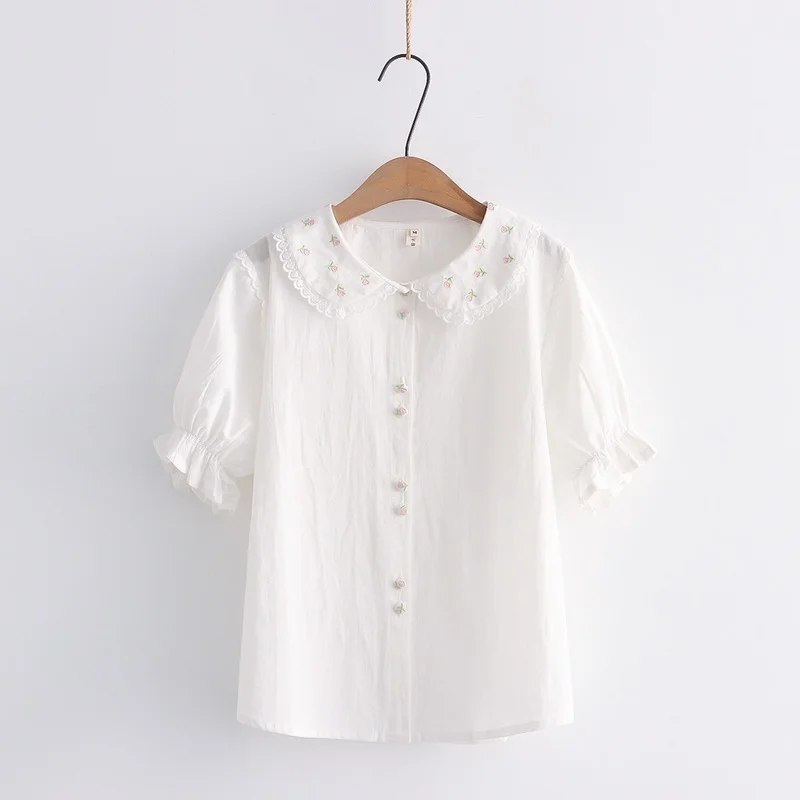 

Рубашка женская с цветочной вышивкой, милая белая хлопковая блузка с коротким рукавом и воротником «Питер Пэн», в Корейском стиле, на лето