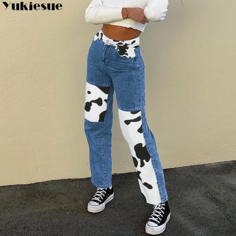 Женские джинсы женские брюки с высокой талией для женщин принтом коровы бананами