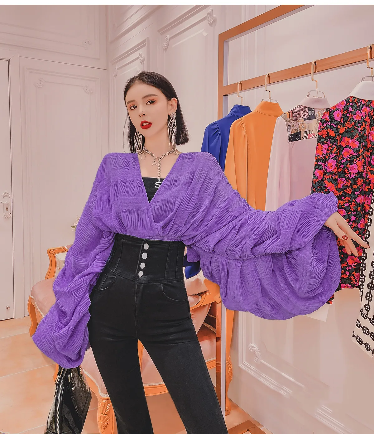 

New Camicia Mujer Chic Chiffon Shirts Spring Women's Sexy V-Neck Short Blouses Pleated Puff Long Sleeves Elastic Waist Crop Top