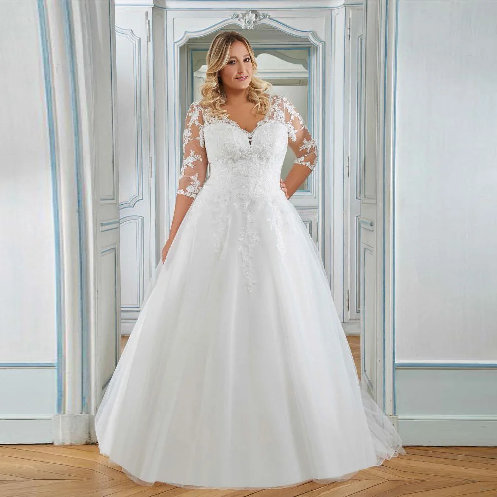 

Classic Plus Size Wedding Dress Robe De Mariee 3/4 Sleeves V Neck Lace Applique A Line Sweep Train Bridal Gowns for Women