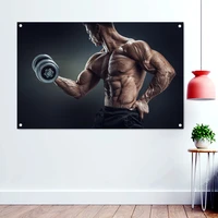 bodybuilder showing perfect muscles wallpaper banners flags paintings gym decor fitness athlete while lifting dumbbells poster