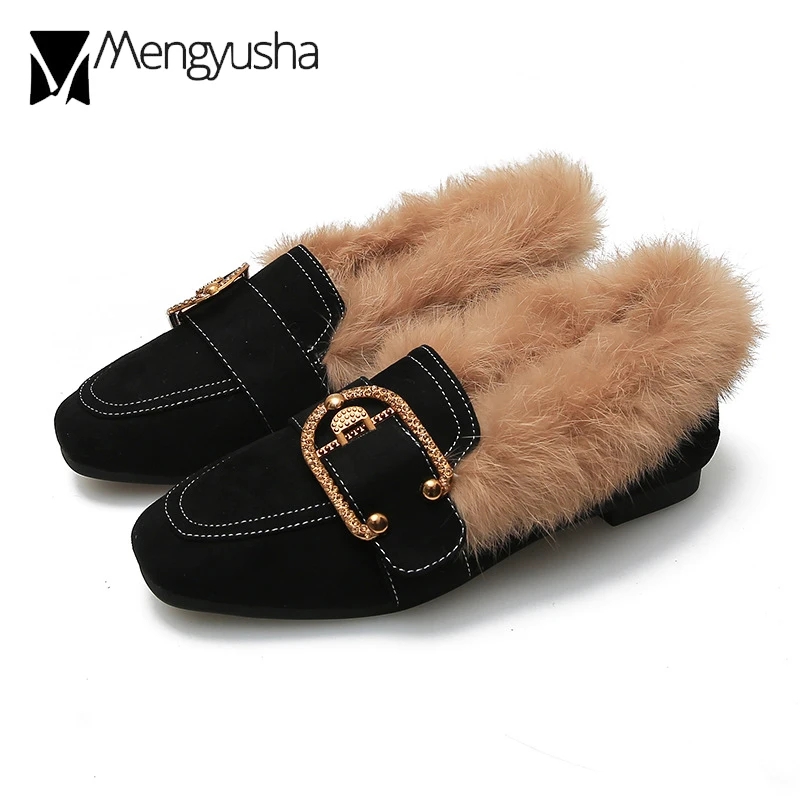 Женские меховые Мокасины теплые туфли на плоской подошве без застежки с пряжкой