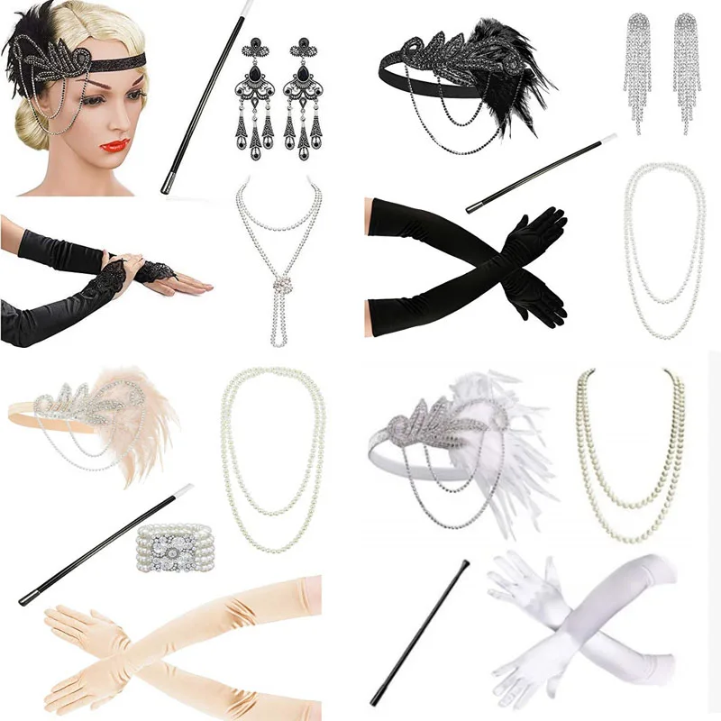 1920's Cosplay Flapper Halloween Charleston Costume 1920s Gatsby Accessories Pink Nude Headpiece Great Gatsby Feather Headband