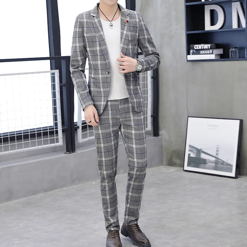 

Men's Autumn Long-sleeved Casual Suit Suit Korean Youth Handsome Self-cultivation Trend Plaid Small Suit Two-piece Suit