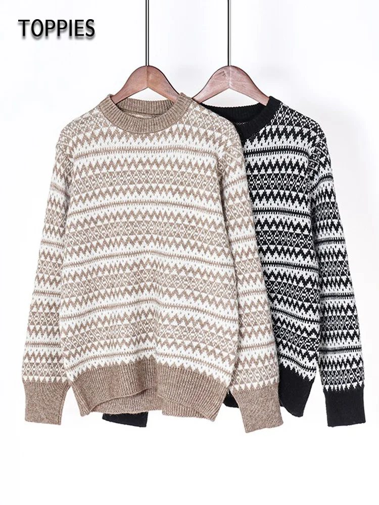 

Toppies 2022 Jacquard Sweaters Women Knitted Tops Vintage Arygle Sweaters Korean Fashion Female Pullovers