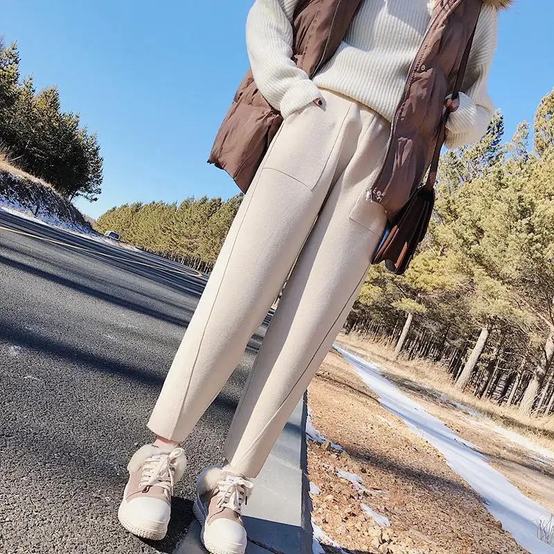 

New Autumn Winter Women's Casual Loose Pants Ladies Elastic High Waist Ankle-length Harem Pants Female Solid Woolen Trousers B20