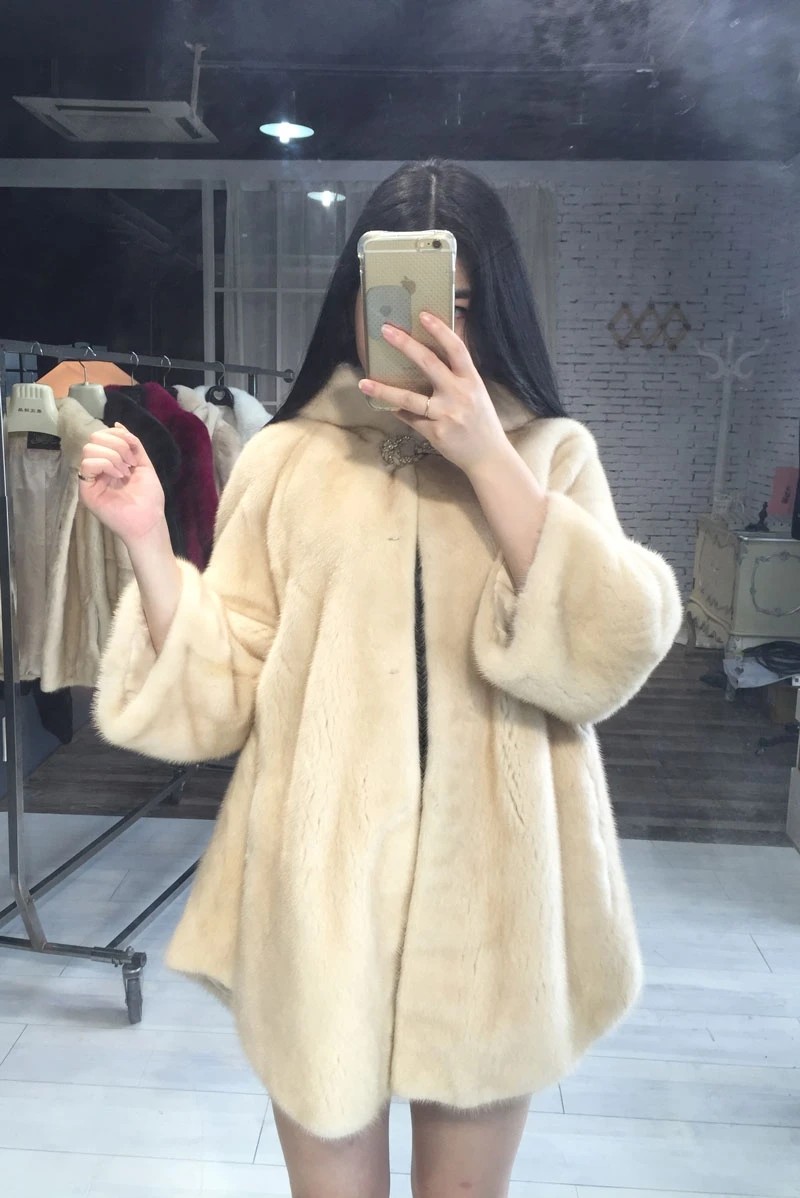 new autumn and winter Haining imported fur women's hooded tidy long section mink coat mink jacket
