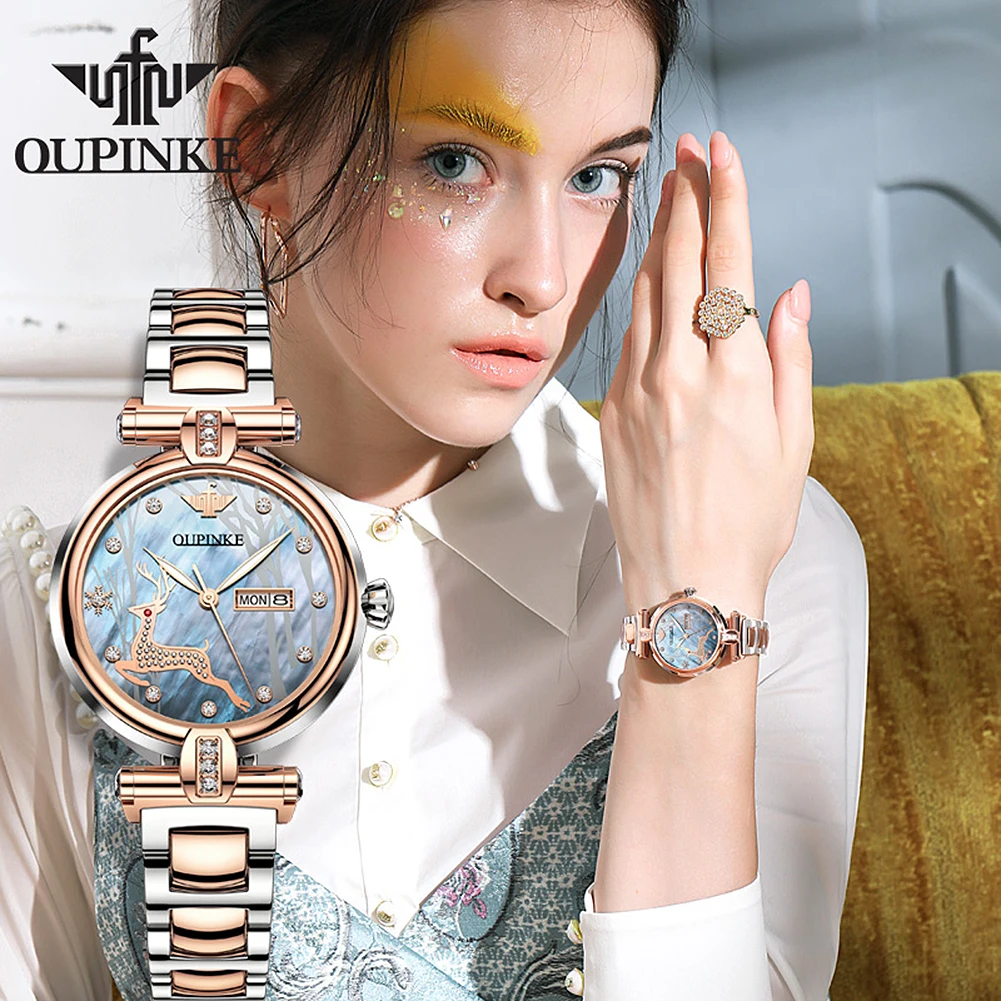 

OUPINKE небесно-Голубые 3D автоматические часы с оленем, Женские Классические Механические Роскошные дамские часы с сапфировым стеклом, наручн...