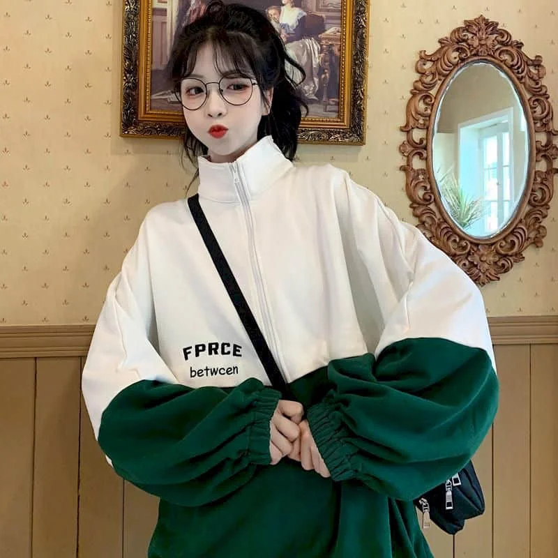 

Half-high collar jacket female contrast color tops stitching loose Korean style lazy style thin style fried street popular coat