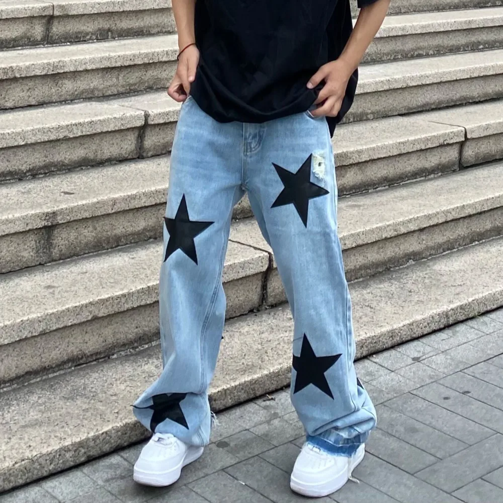 

Hip Hop Hole Five Stars Embroidery Washed Retro Male Jeans Pants Harajuku Loose Straight Oversize Casual Denim Trousers Unisex