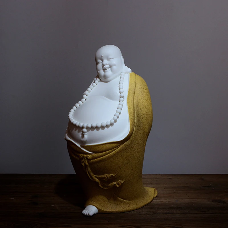 

Chinese style White porcelainLaughing Buddha statue Ceramic colored sand craft High-end home decoration accessories 31cm
