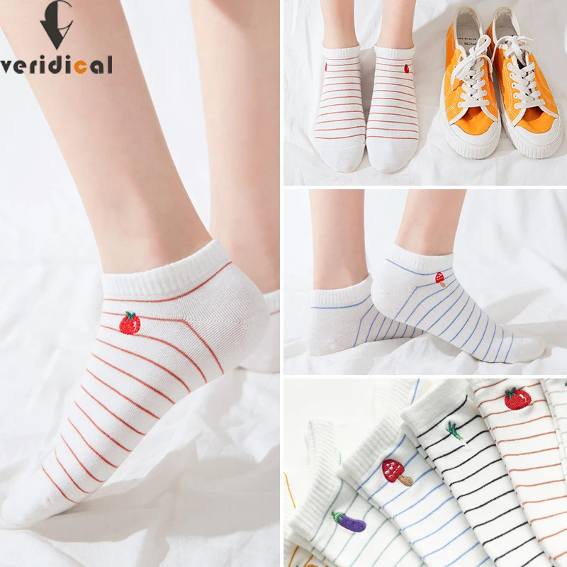 

5 Pairs Spring Summer Ankle Boat Socks Women Girl Striped Embroidery Pumpkin Eggplant Tomatoes Cute White Young Invisible Socks