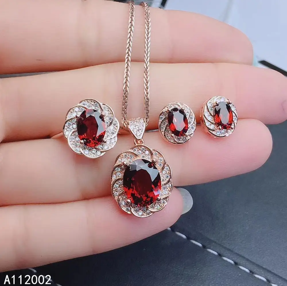 KJJEAXCMY fine jewelry natural garnet 925 sterling silver women pendant necklace ring earrings set support test popular classic