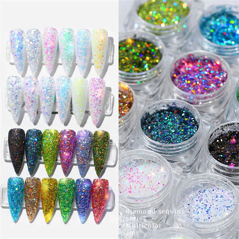 

12 Colors Nail Glitter Sequins Laser Sparkly Flakes Powder Accessories And Tools Nail Art Decoration Pigment Dust Diy Supplies