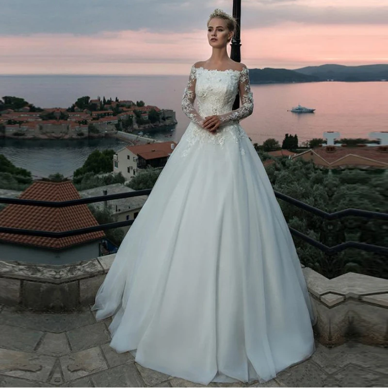 

Изысканные тюлевые Свадебные платья а-силуэта с открытыми плечами, кружевные свадебные платья с аппликацией и длинным рукавом, свадебное п...