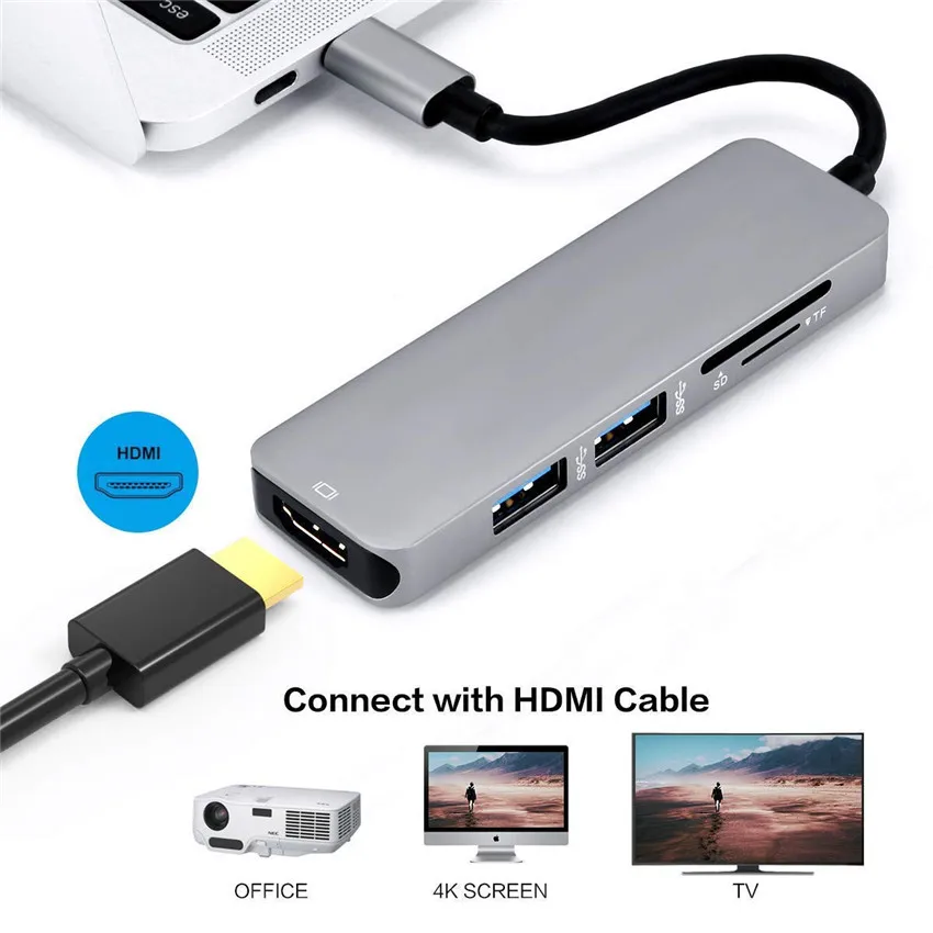 USB C концентратор type к HDMI 4K адаптер с 2 3 0 портами SD/TF кард-ридер для MacBook samsung S8/S9 huawei |