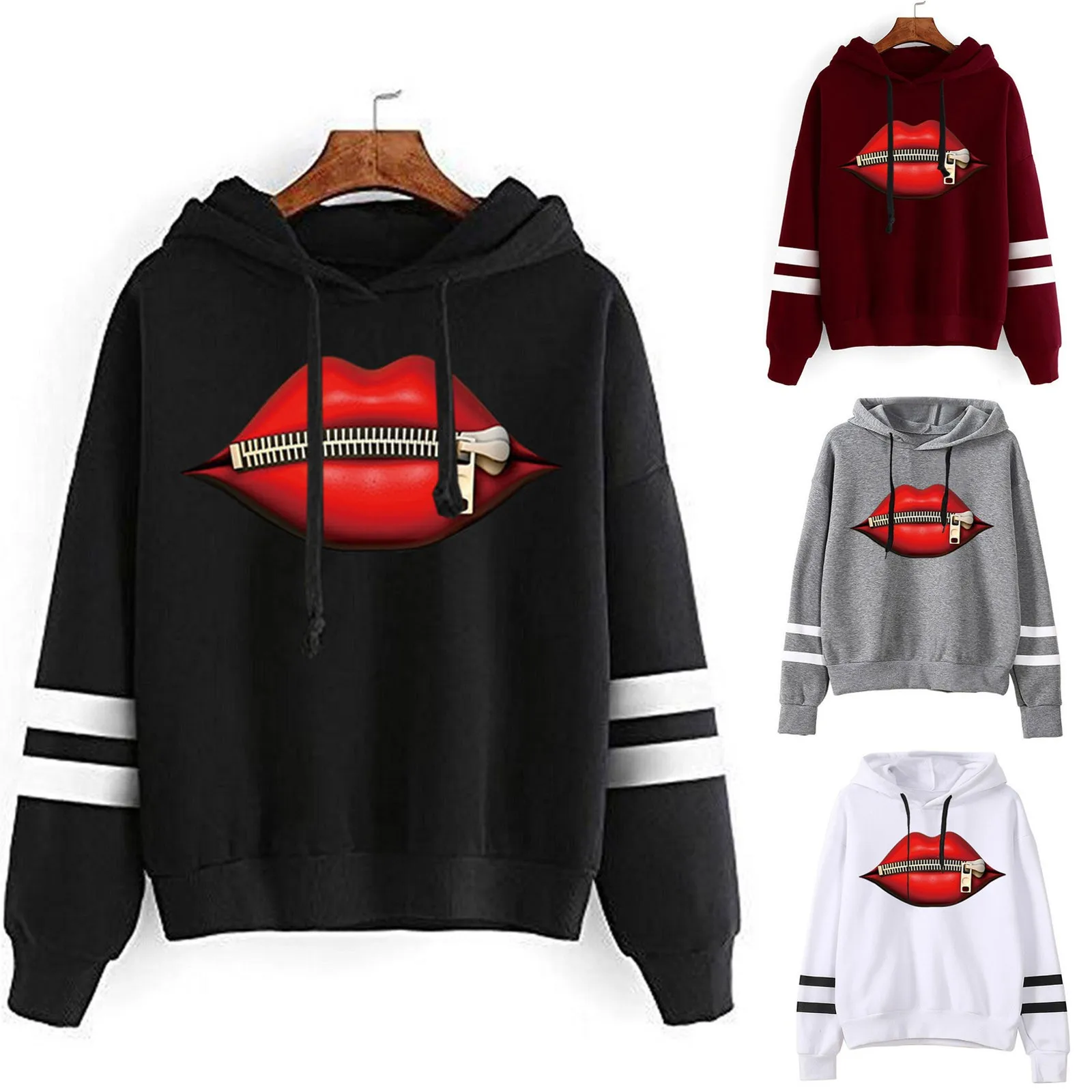 Women Sweetshirts Casual Lip Printed Long Sleeve Pullover Hoodie Two Lines Tops Loose Clothes Sudadera Mujer Sweat Femme