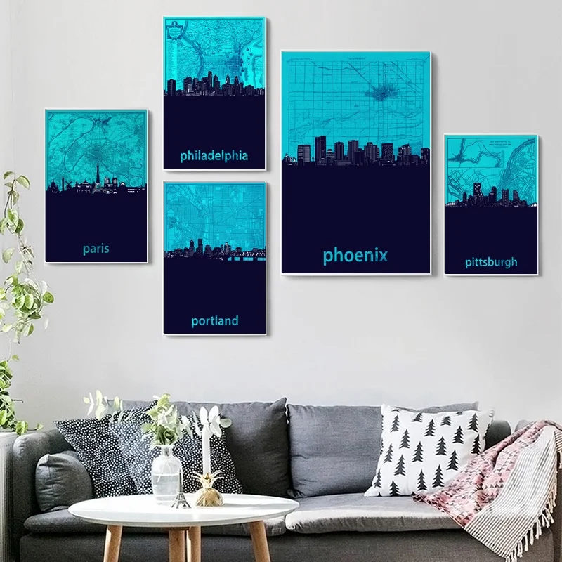 

Paris,Philadelphia,Phoenix,Pittsburgh,Portland,Skyline Modern City Map Poster Canvas Wall Art Print Home Decor