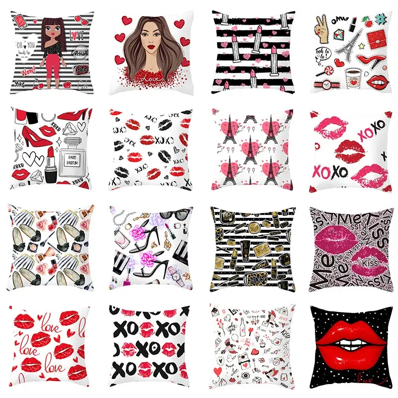 

IBOWS Cushion Cover Red Lips Pillowcases White Throw Pillows Covers Decorative for Wedding Lovers Modern Home Decor 45*45cm/pc