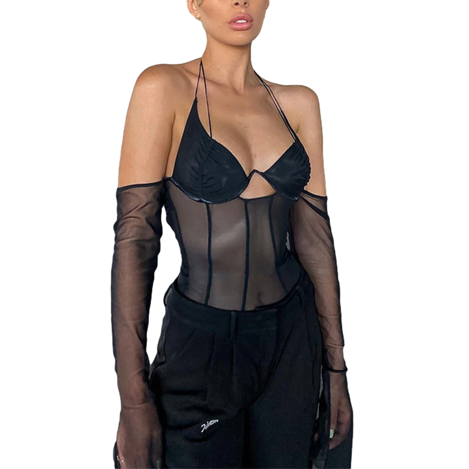 Топ женский сетчатый с открытой спиной пикантный прозрачный топ в стиле пэчворк