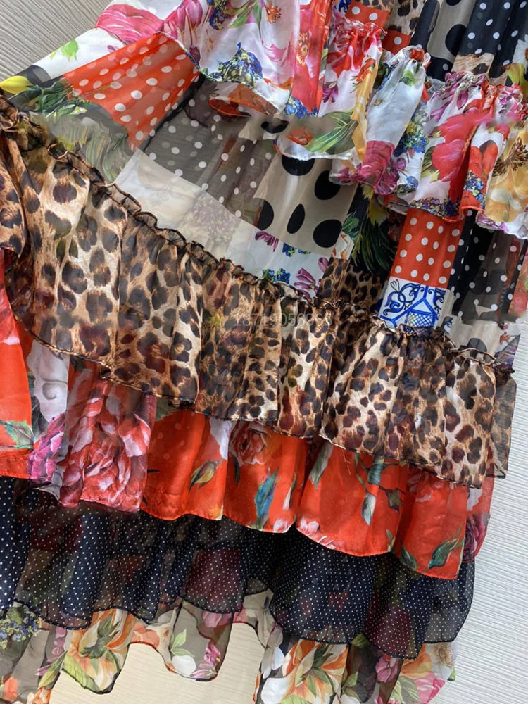 

Retro hit color geometric print sleeveless leaky shoulder strap dress ladies summer new multi-layered ruffles A-line big swing