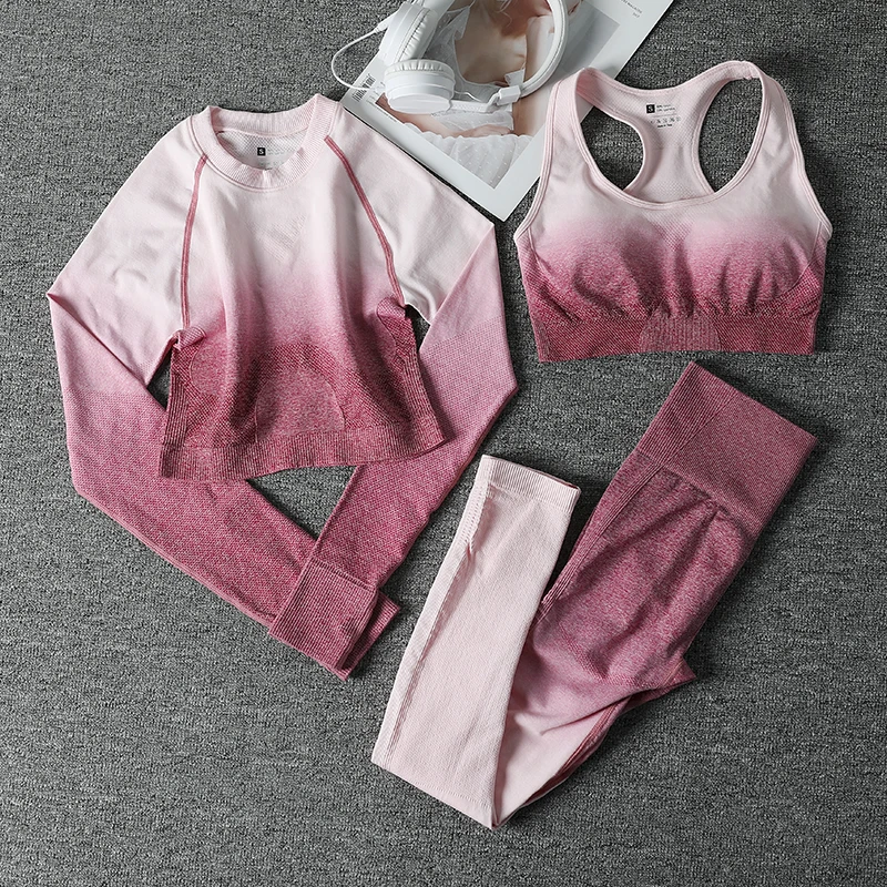 Женский комплект для йоги бесшовные леггинсы с эффектом омбре + спортивный