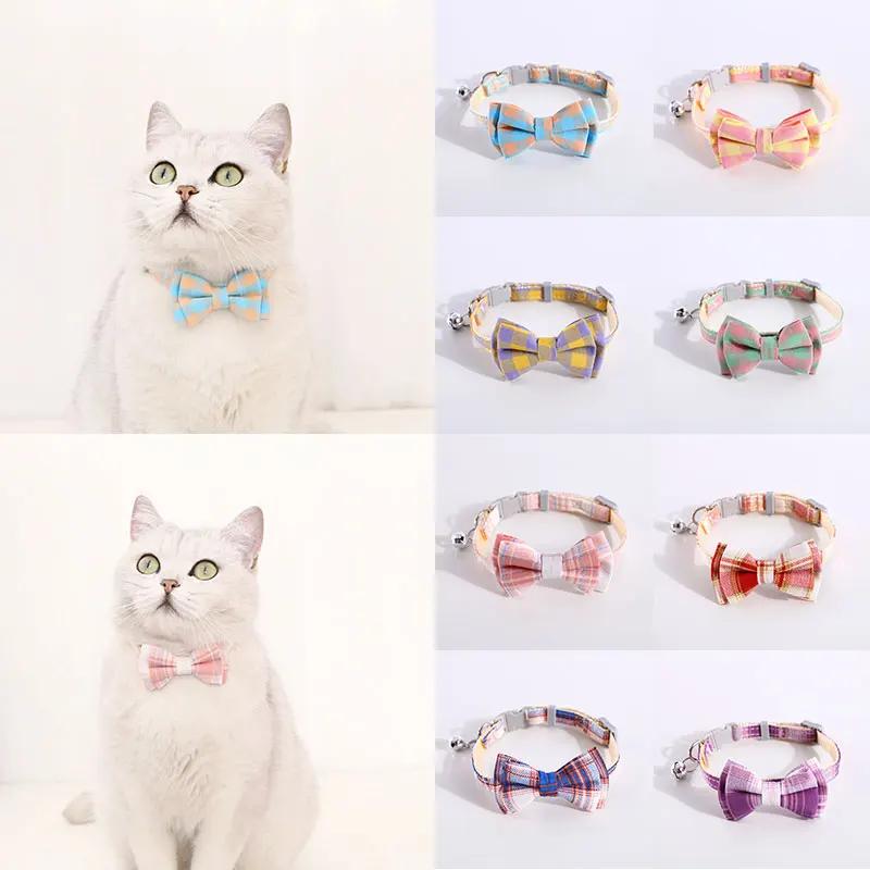 

Colorful Plaid Grid Cat Collars Cotton Striped Bowknot Necklace Bulldog Chihuahua Bow Tie Puppy Small Dog Party Bandana Collar