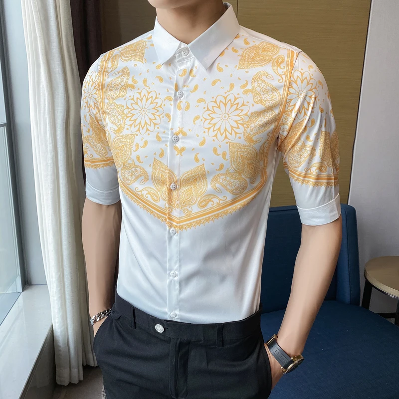 

Loldeal Men Shirt Half Sleeve British Style Slim Lapel Print Comfortable and Handsome