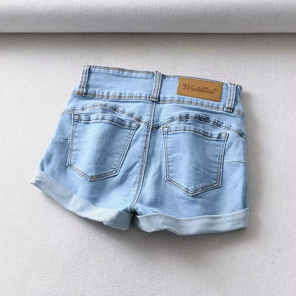 

Empire Waist Single Breasted Short Jeans Blue High Waist Body Denim Plus Size Woman