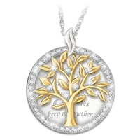 golden tree of life round pendant necklace set crystal hollow out metal pendant chain for women accessories girls jewelry
