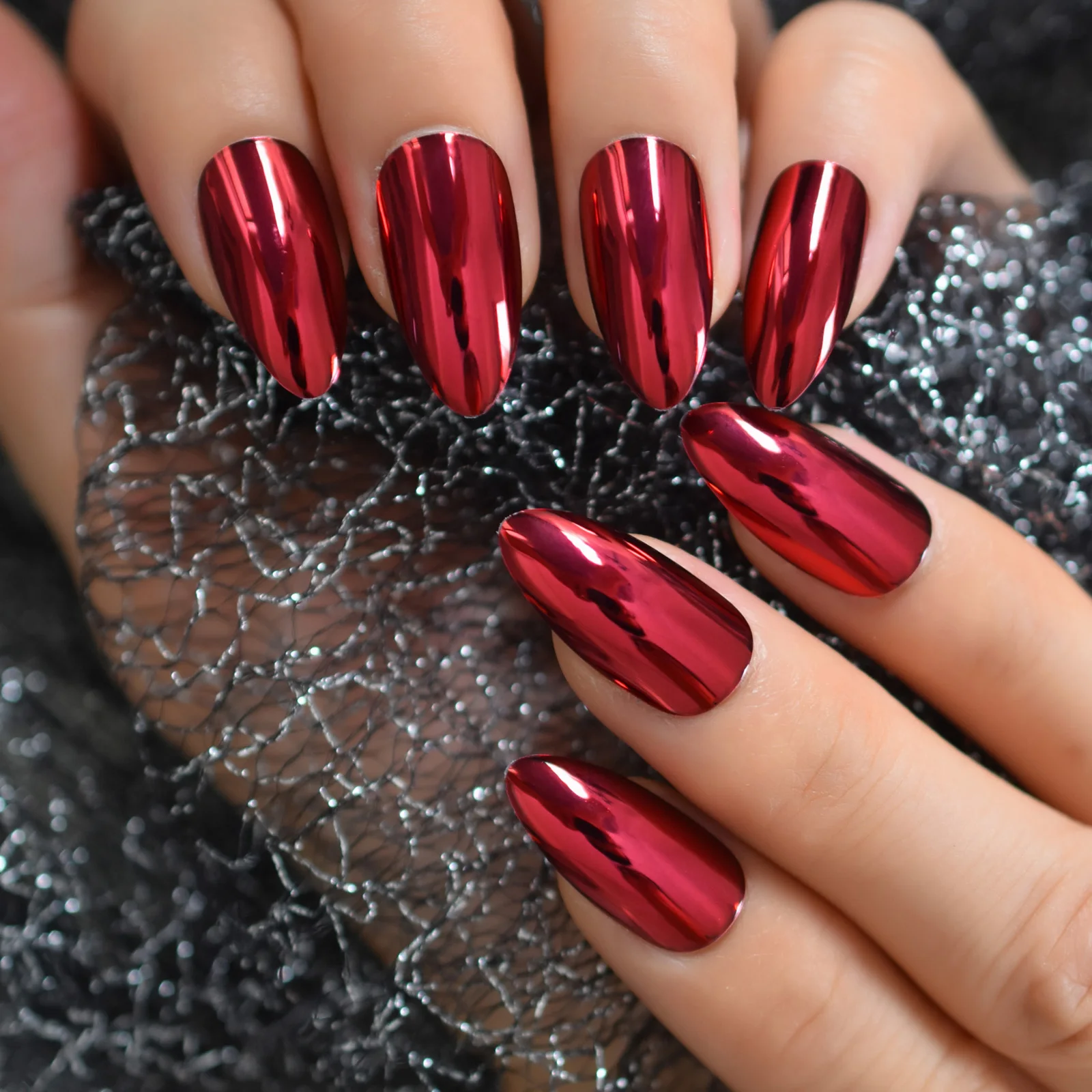 Зеркальные красные цвета металлические нажимные ногти на шпильке панковские