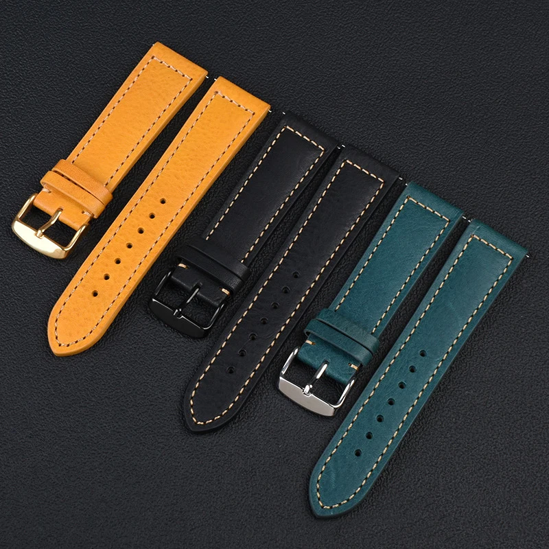 Genuine Italy Leather Watch Strap 22mm Retro Style Handmade Watchband Wristband Belt Yellow Brown Blue Watch Accessories