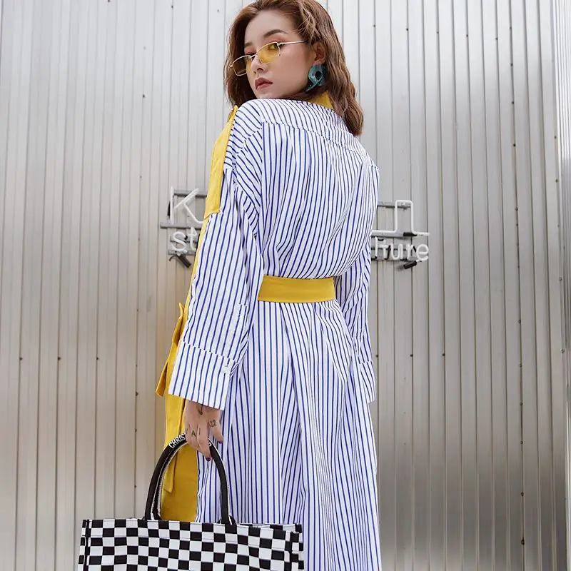 GetSpring Женский тренчкот с отделкой тканью в полоску длинный рукав двубортный