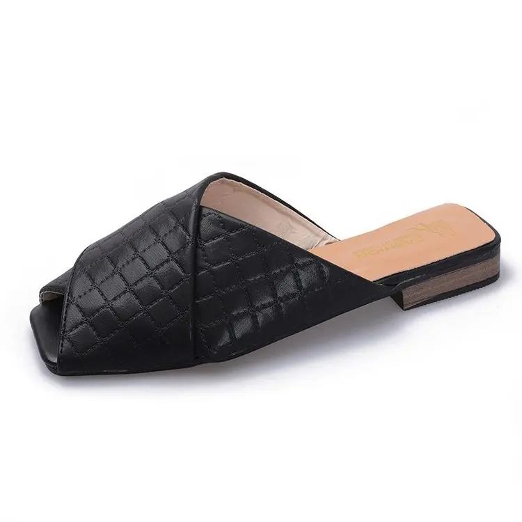 

Low Mules For Women 2021 Female Shoes Ladies' Slippers Loafers Luxury Slides Square heel New Flat Designer Block Rome PU Rubber