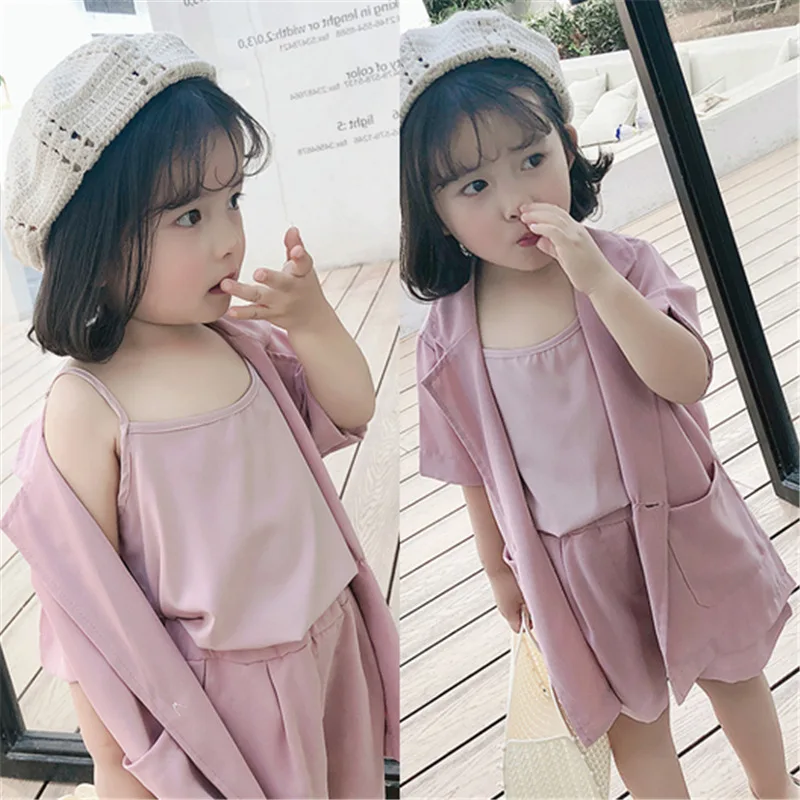 Летняя одежда для девочек 2021 детская наряды топы на бретельках + шорты куртка