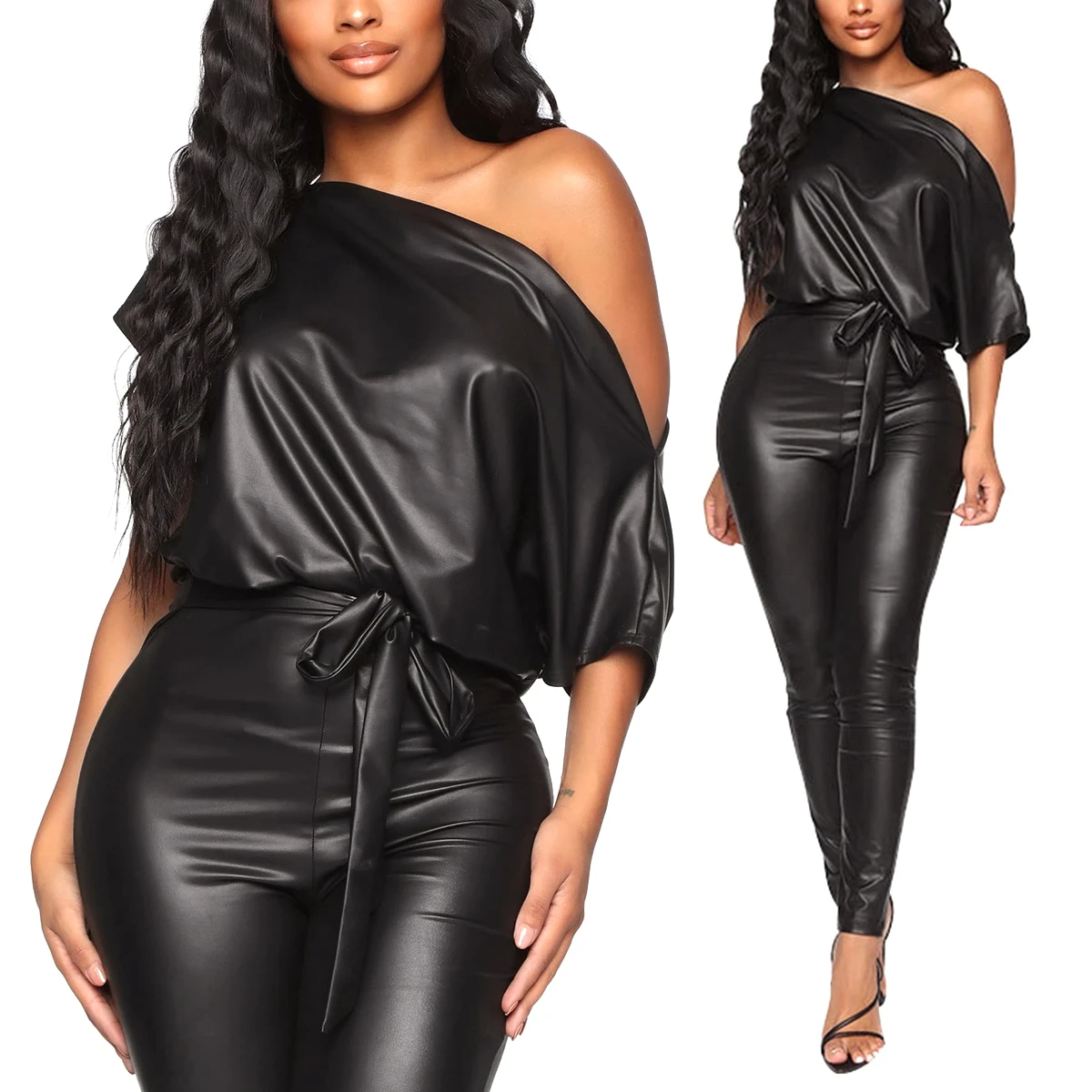 

2020 New Fashion Women PU Leather Romper Sexy Black Crew Neck Wet Look Bodycon Bandage Party Club Jumpsuits