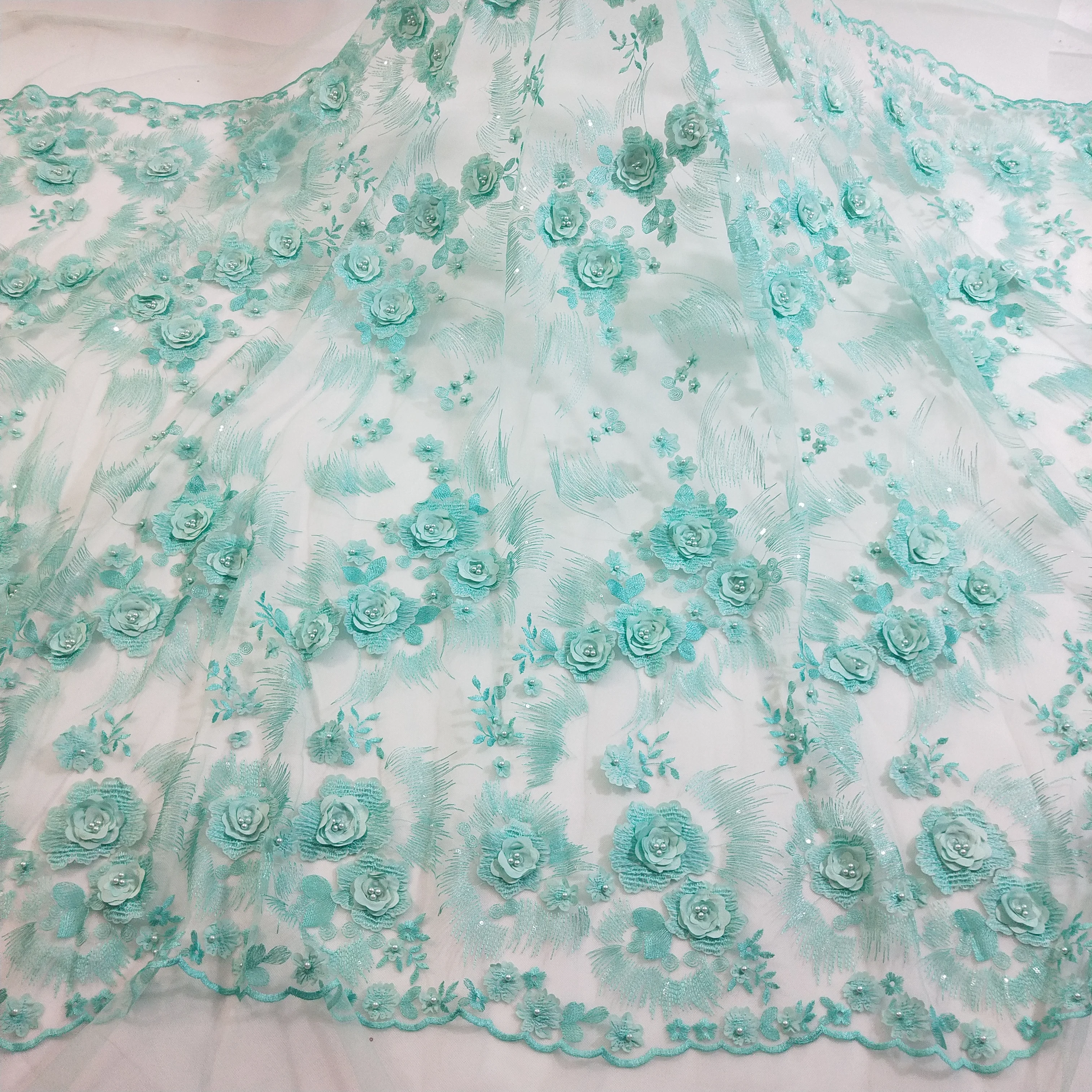 3D French Lace Fabric Mint Green Net Beaded Sequins Flowers Fabrics Luxury Evening Dress Aqua Tulle | Дом и сад